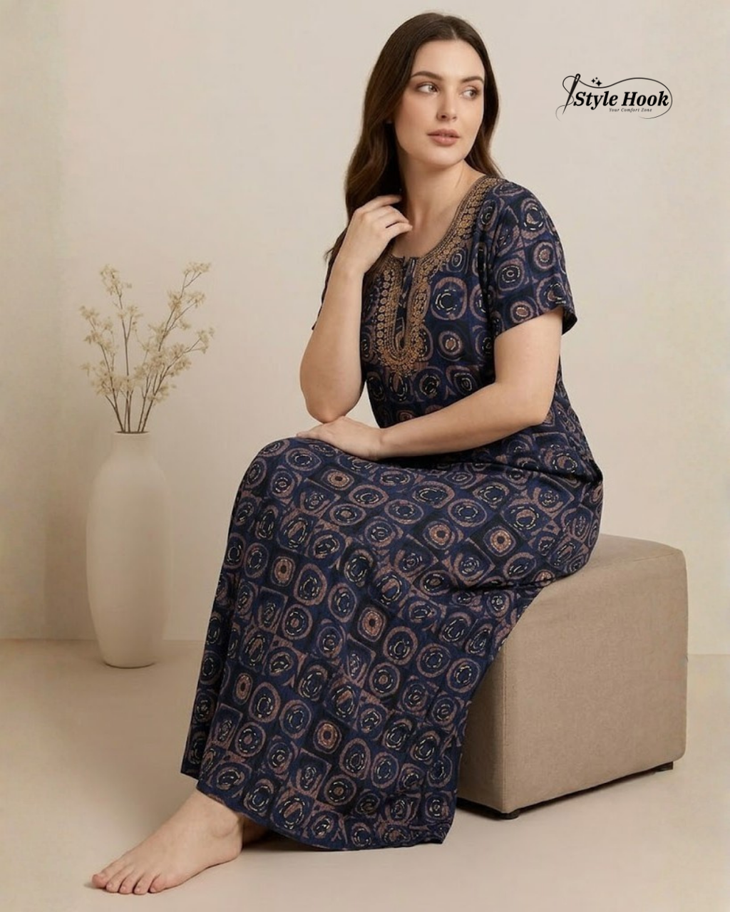 Tribal Circular Print with Embroidery cotton nighty for women in 5 Different Colors