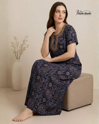 Tribal Circular Print with Embroidery cotton nighty for women in 5 Different Colors
