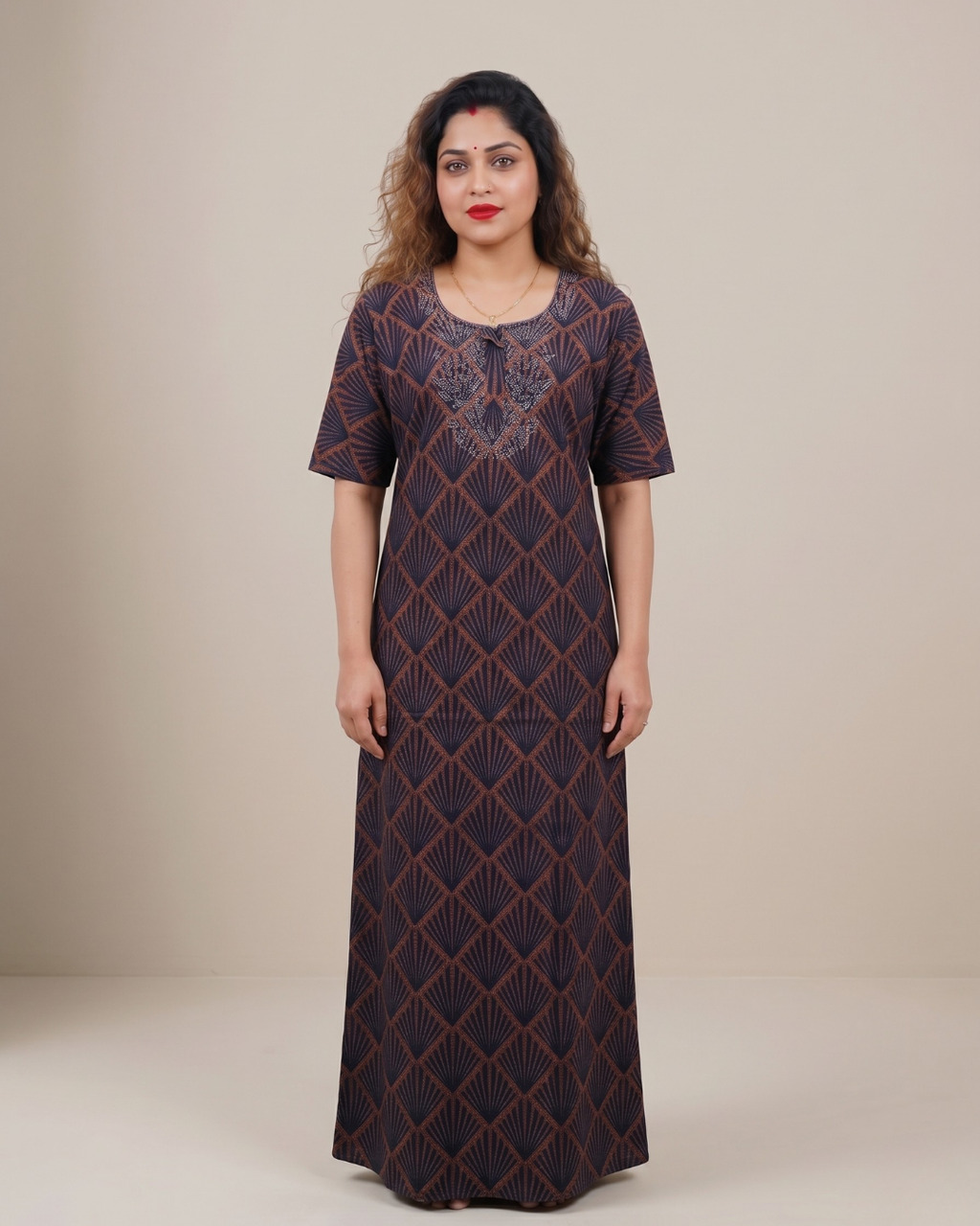Style Hook Stone Work Neck Soft Cotton Nighty for Women