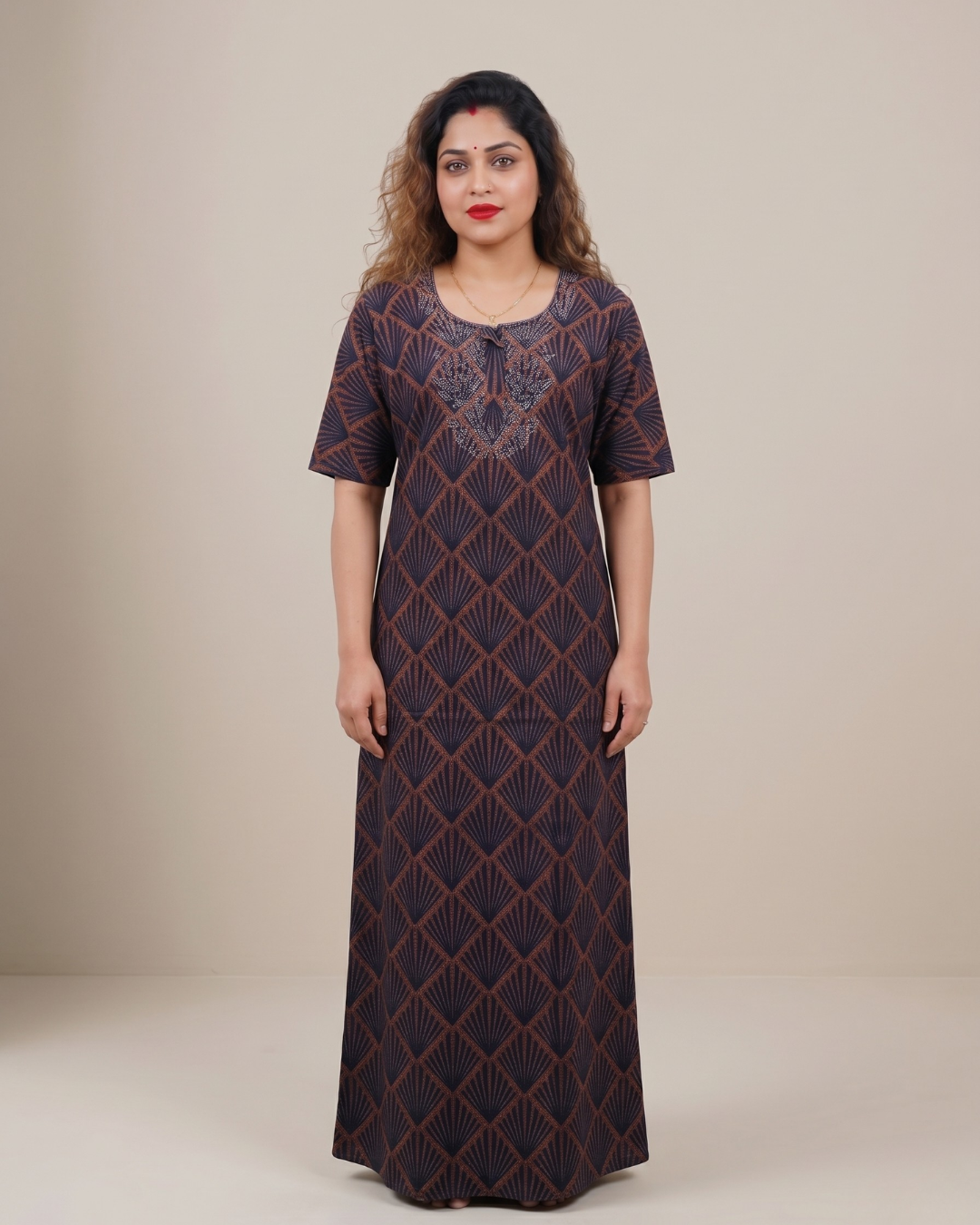 Style Hook Stone Work Neck Soft Cotton Nighty for Women