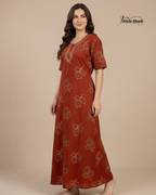 Premium Golden Leaf Embroidered Cotton Nighty in Stunning Orange Color