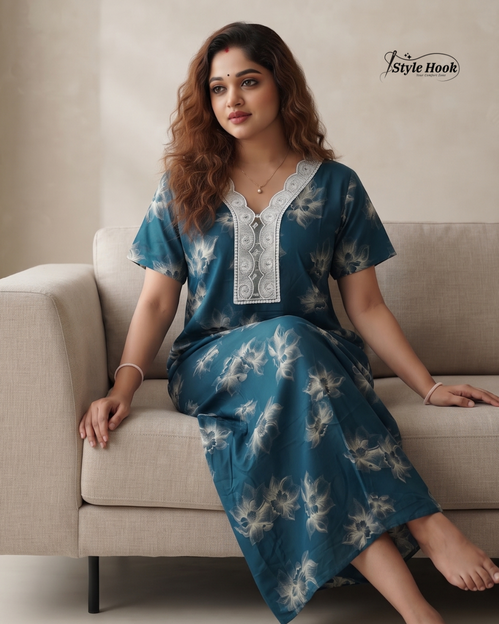Rayon Lace Neck Nighty – Elegant Women's Maxi