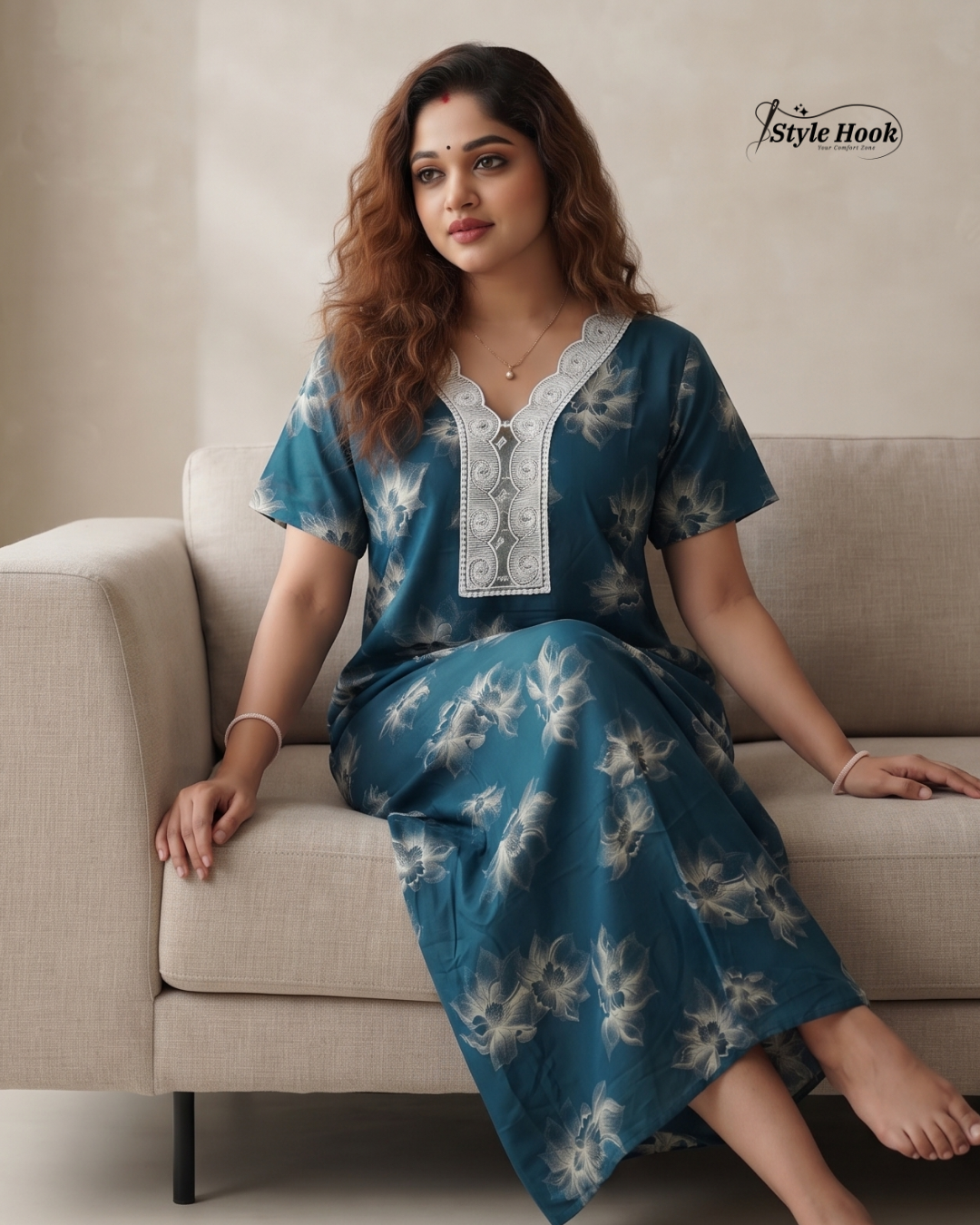 Rayon Lace Neck Nighty – Elegant Women's Maxi