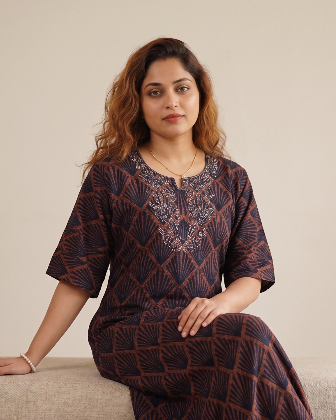 Style Hook Stone Work Neck Soft Cotton Nighty for Women