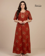 Premium Golden Leaf Embroidered Cotton Nighty in Stunning Orange Color