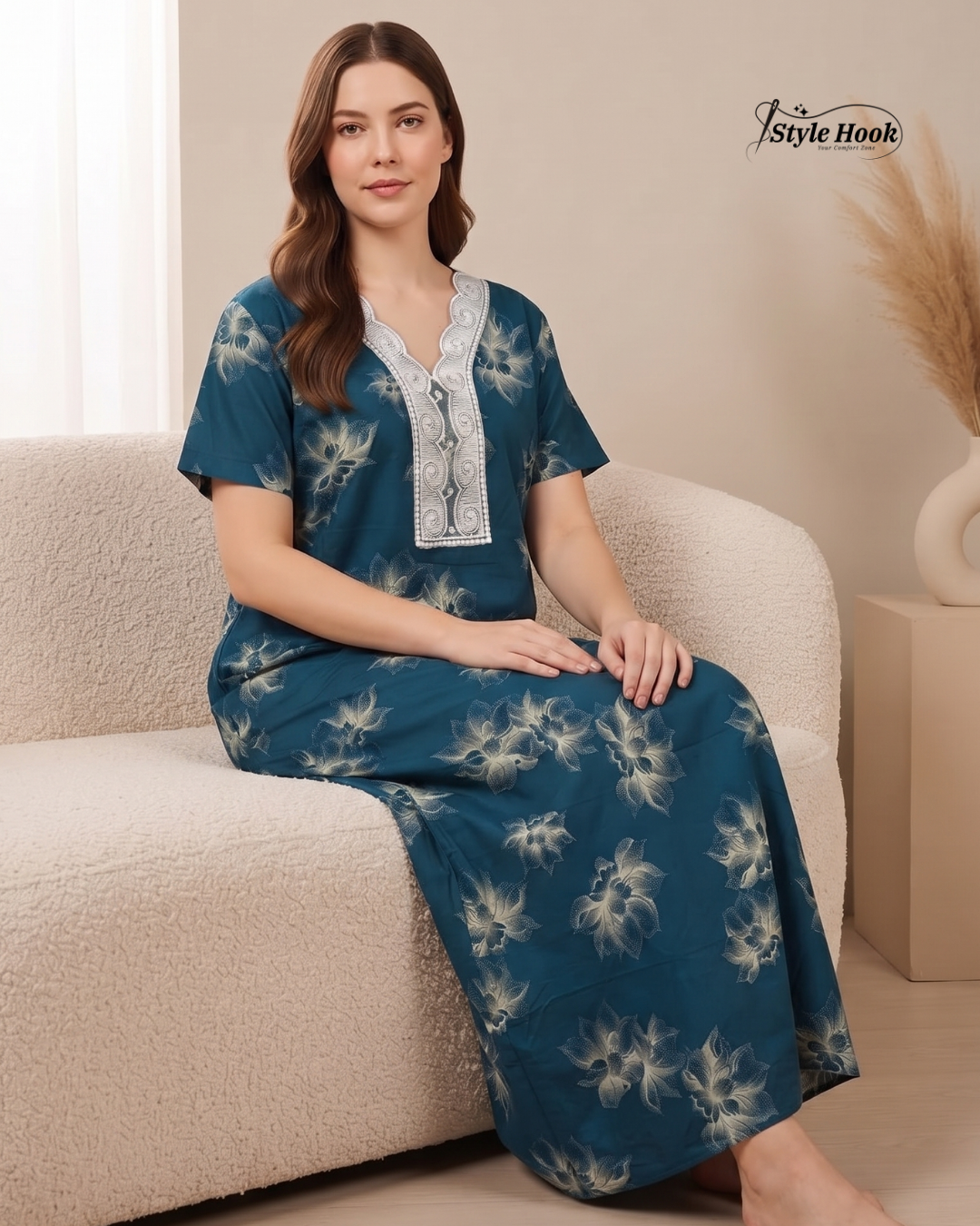 Rayon Lace Neck Nighty – Elegant Women's Maxi