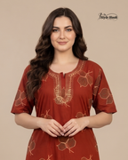 Premium Golden Leaf Embroidered Cotton Nighty in Stunning Orange Color