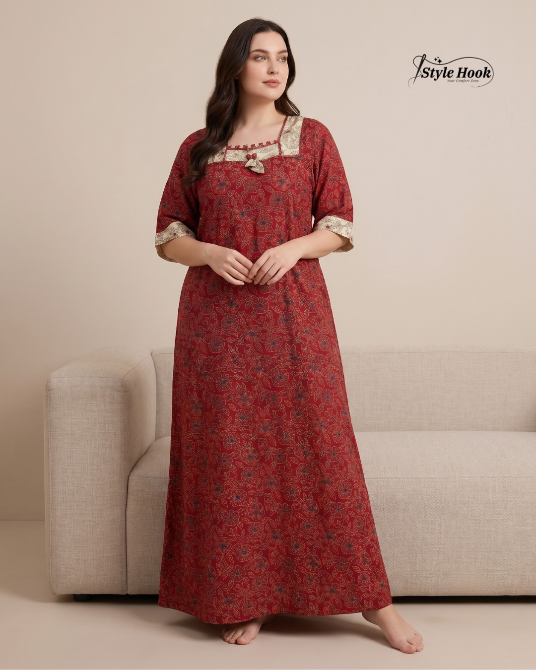 Traditional Kerala Style Cotton Nighty with Modern Onam Neck Design