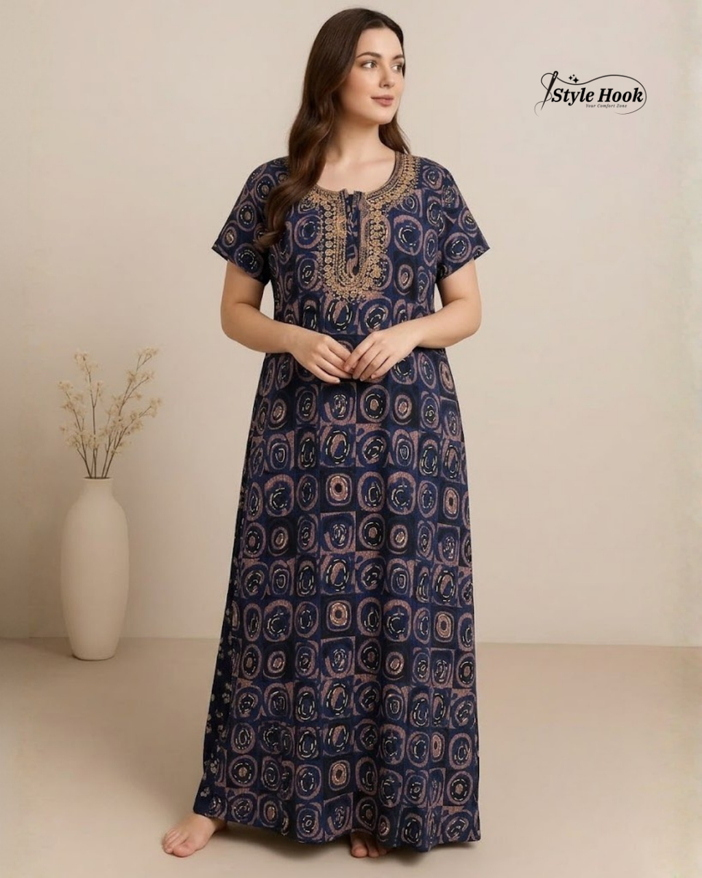 Tribal Circular Print with Embroidery cotton nighty for women in 5 Different Colors