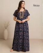 Tribal Circular Print with Embroidery cotton nighty for women in 5 Different Colors