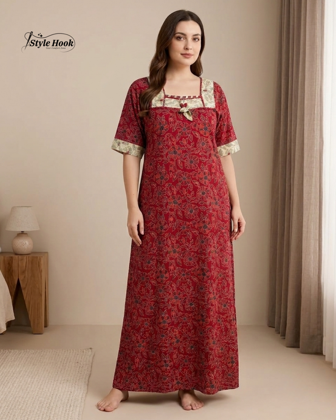 Traditional Kerala Style Cotton Nighty with Modern Onam Neck Design