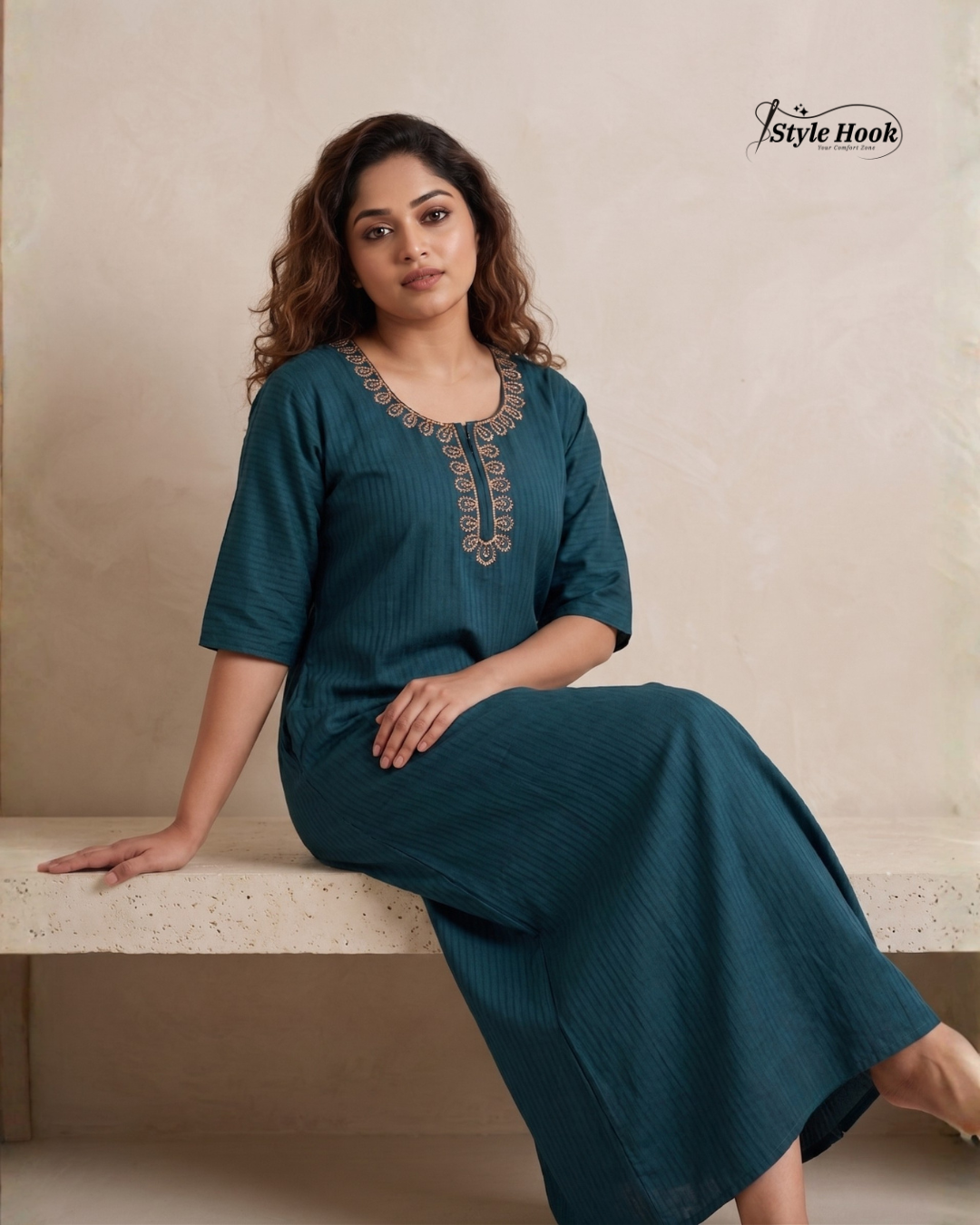 Plain Cotton Maxi Nighty – Stylish Stripe Line Design