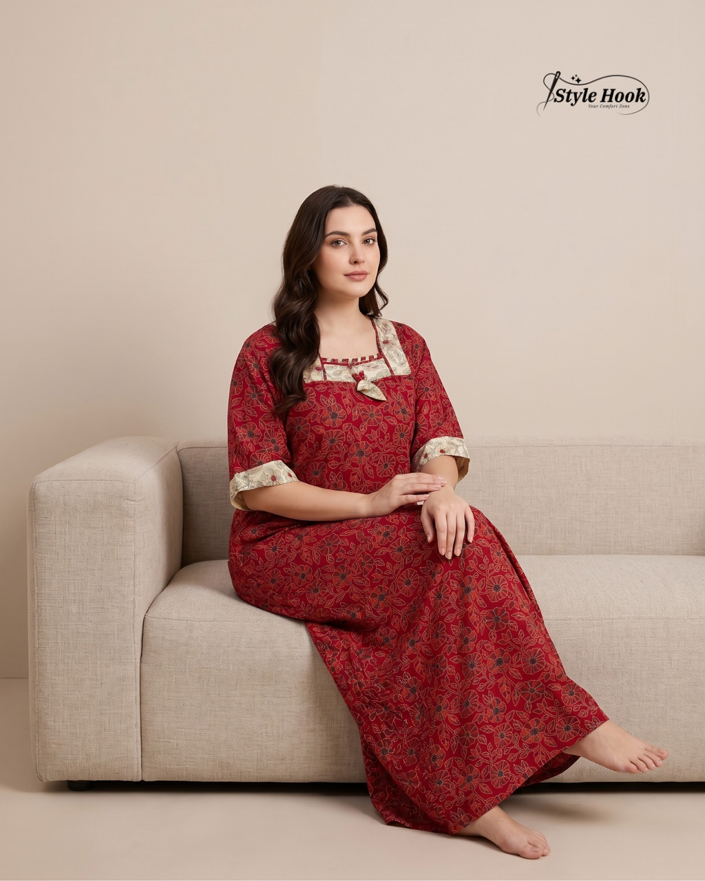 Traditional Kerala Style Cotton Nighty with Modern Onam Neck Design