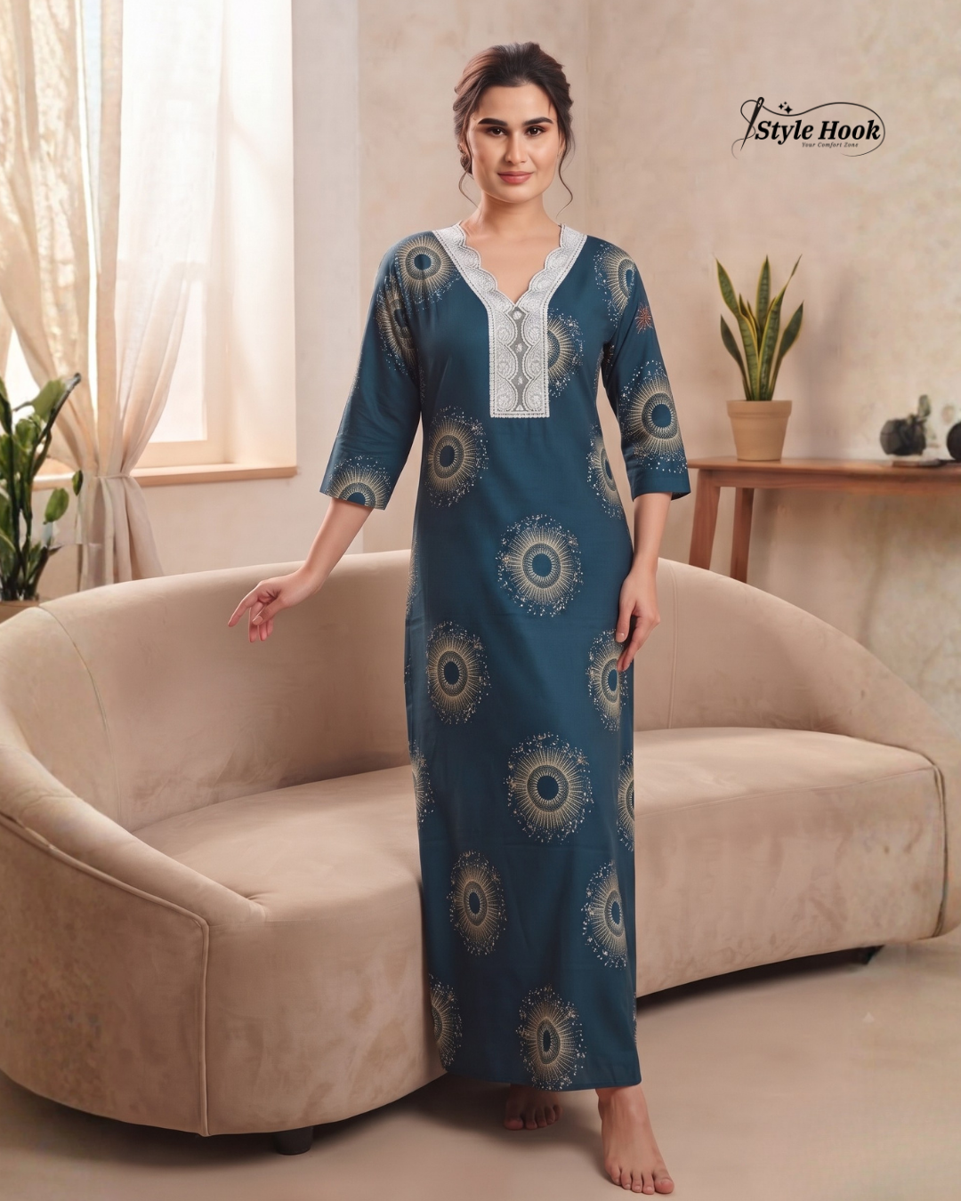 Stylish Rayon Lace Nighty with Floral Print