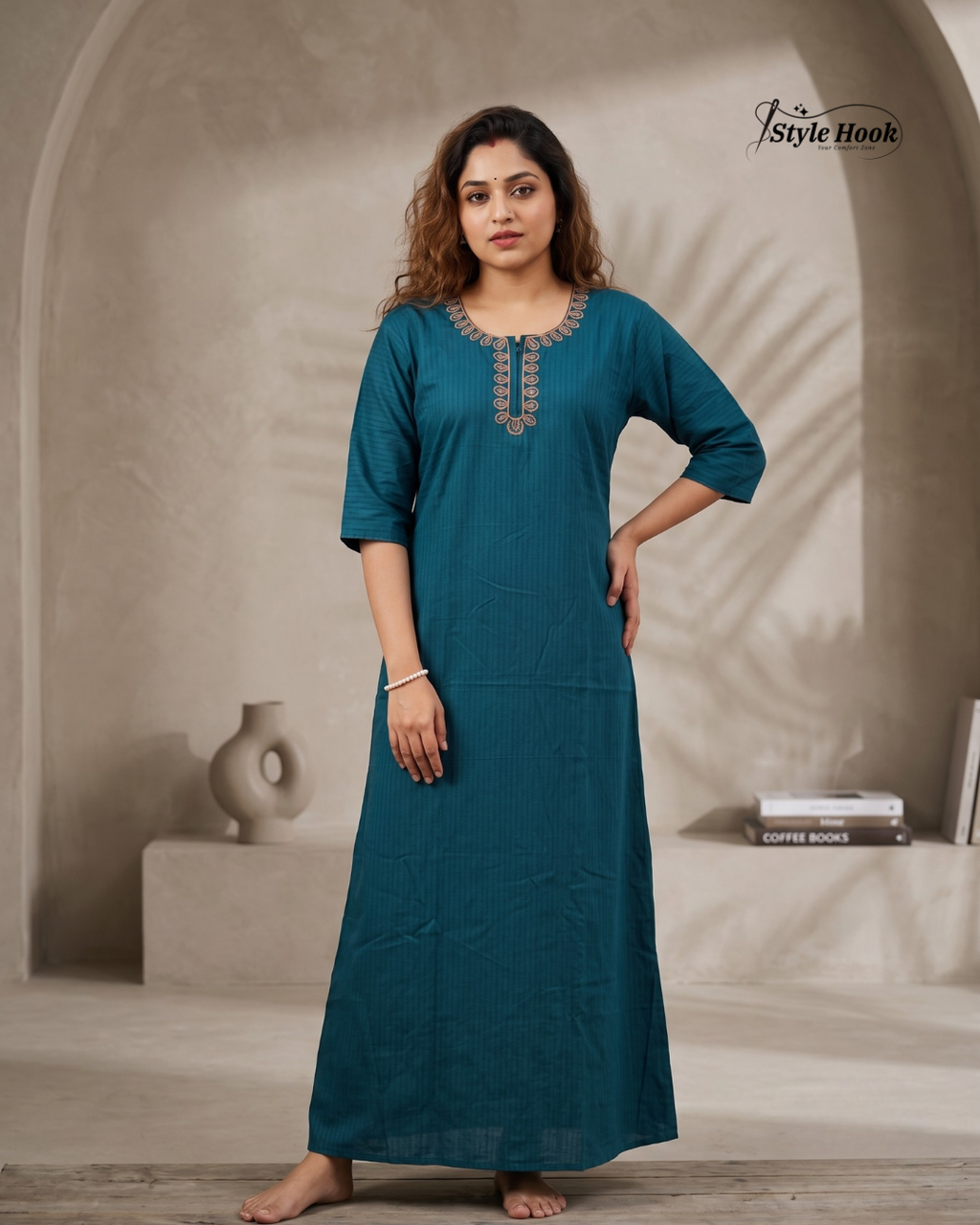 Plain Cotton Maxi Nighty – Stylish Stripe Line Design