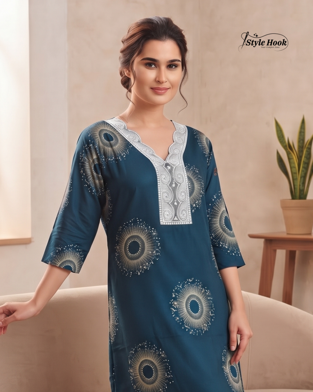 Stylish Rayon Lace Nighty with Floral Print