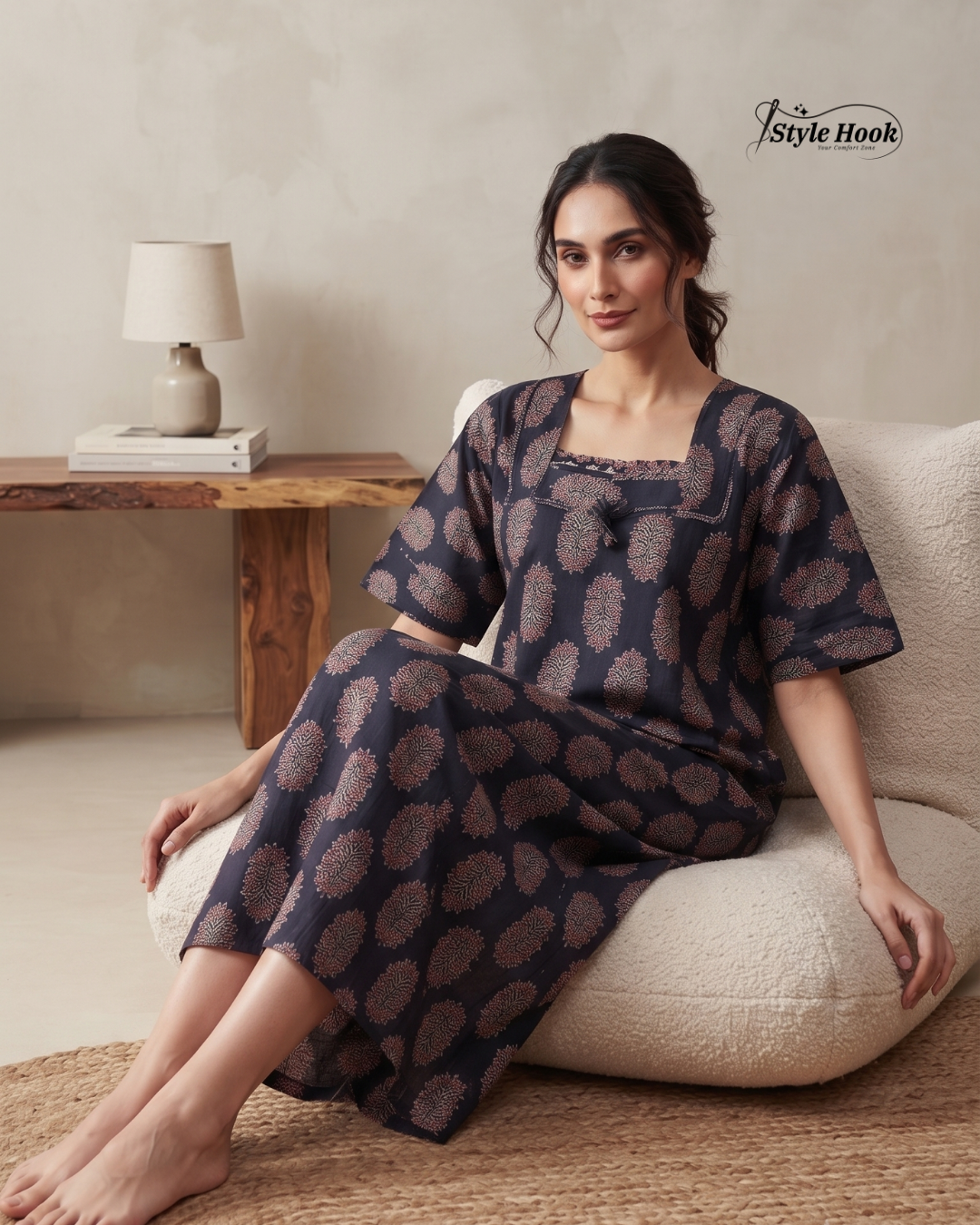 Premium Ajrak Print Cotton Nighty for Women