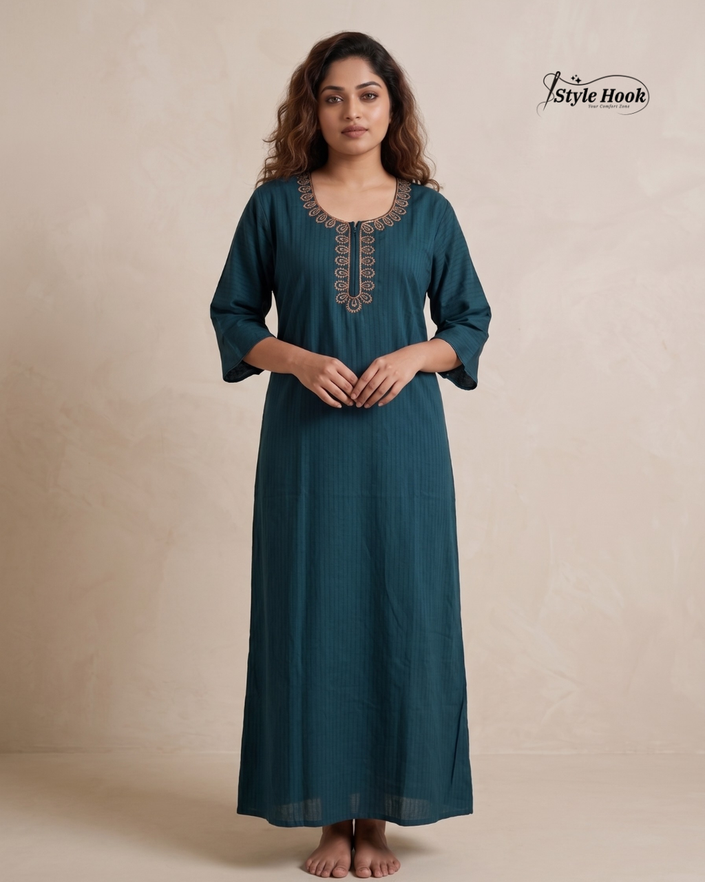 Plain Cotton Maxi Nighty – Stylish Stripe Line Design
