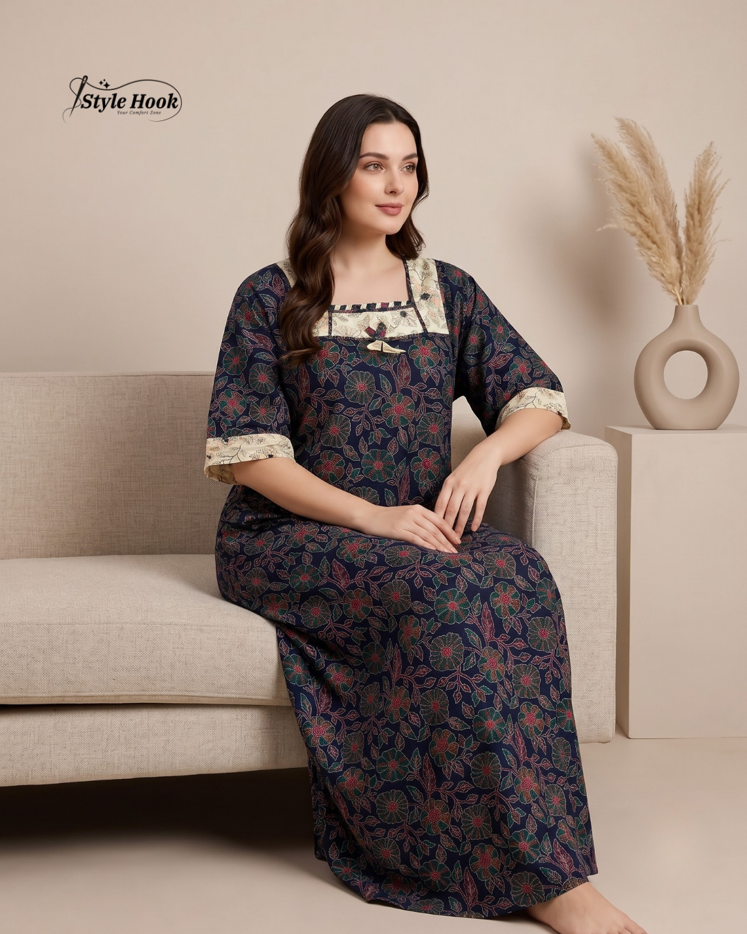 Traditional Kerala Style Cotton Nighty with Modern Onam Neck Design