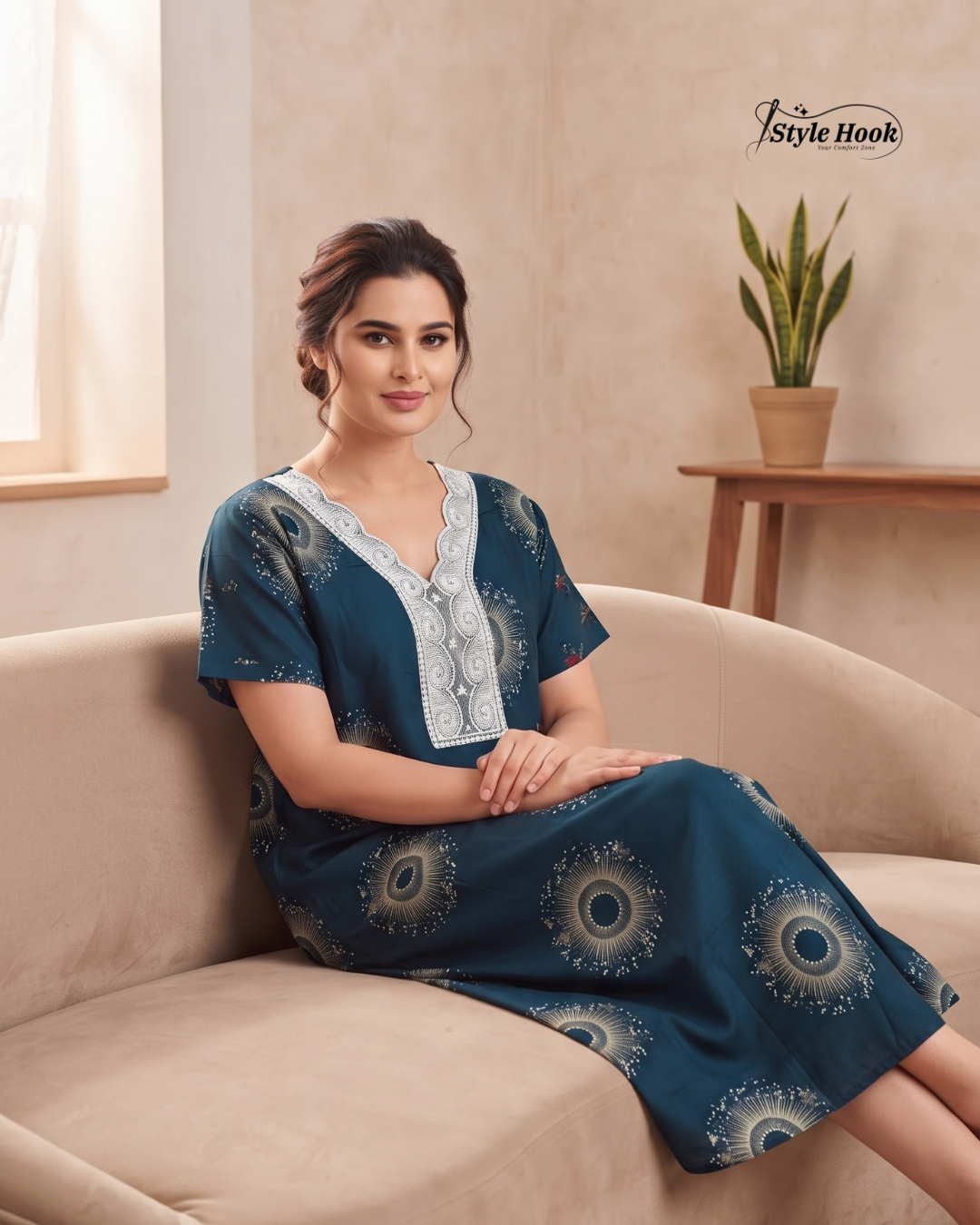 Stylish Rayon Lace Nighty with Floral Print