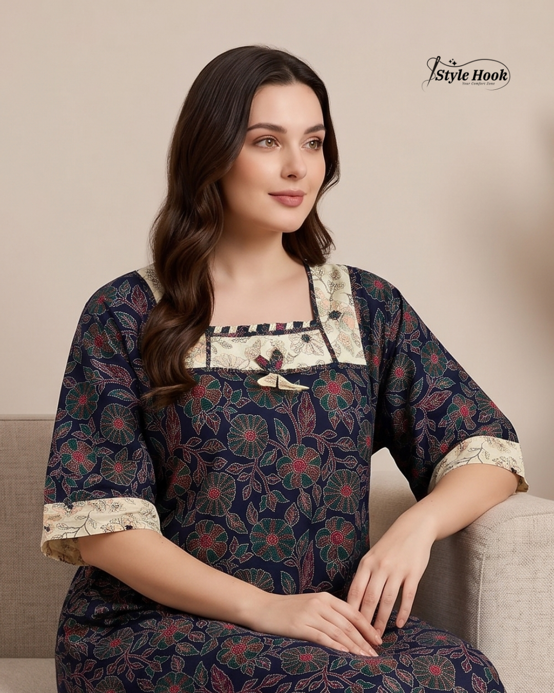 Traditional Kerala Style Cotton Nighty with Modern Onam Neck Design