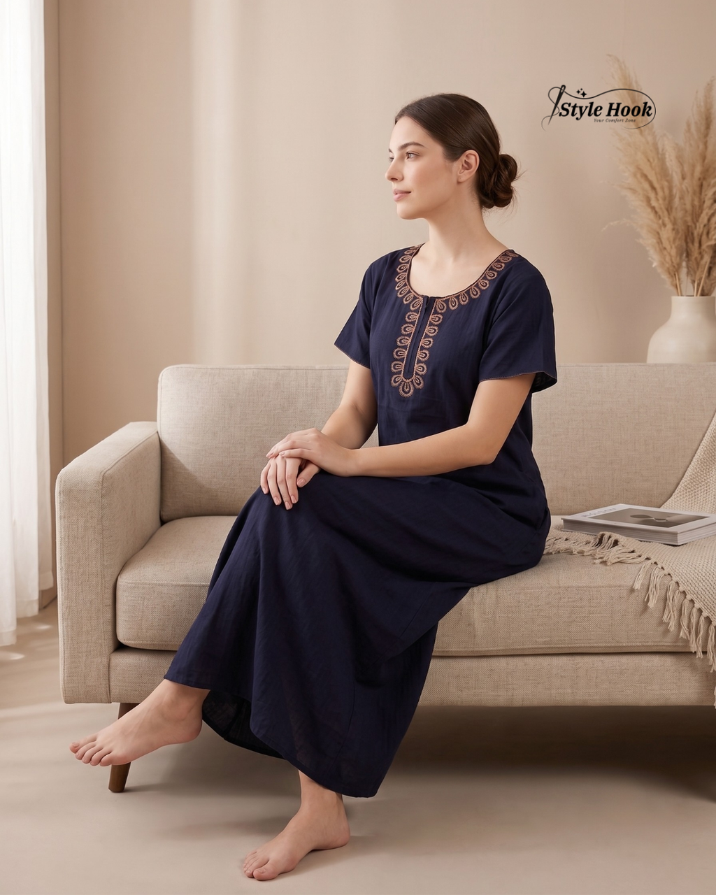 Style Hook Premium Soft Cotton Nighty with Elegant Embroidery