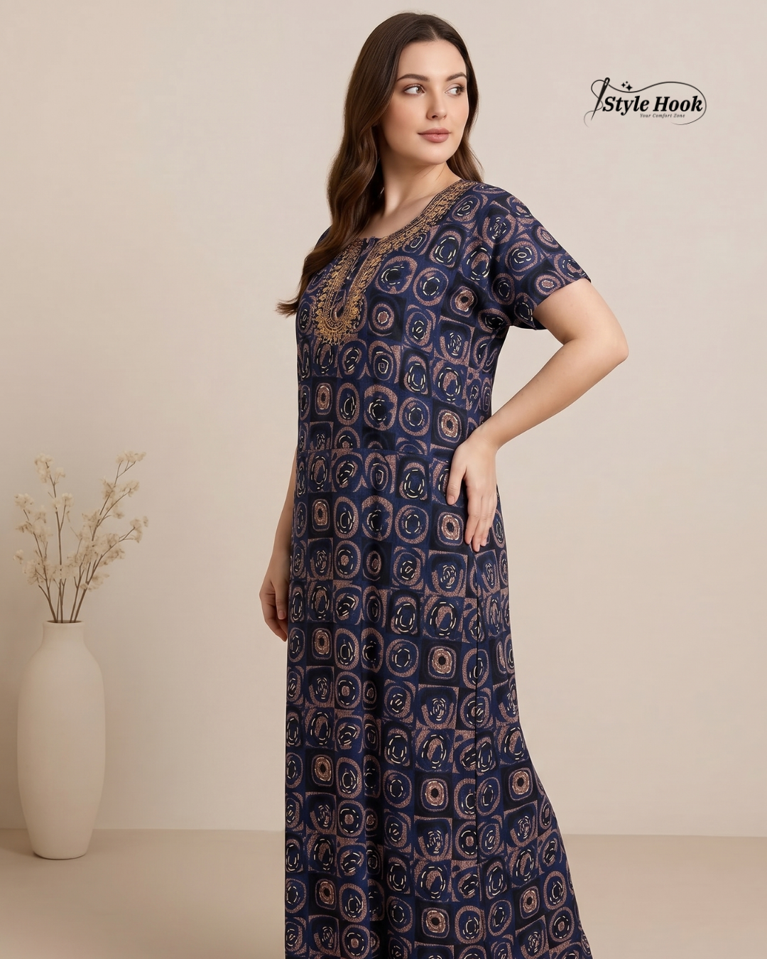 Tribal Circular Print with Embroidery cotton nighty for women in 5 Different Colors