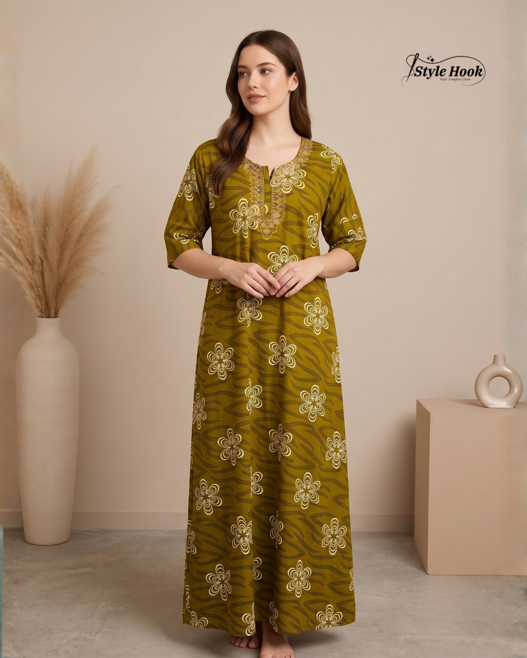 Soft Cotton Embroidery Nighty for Women