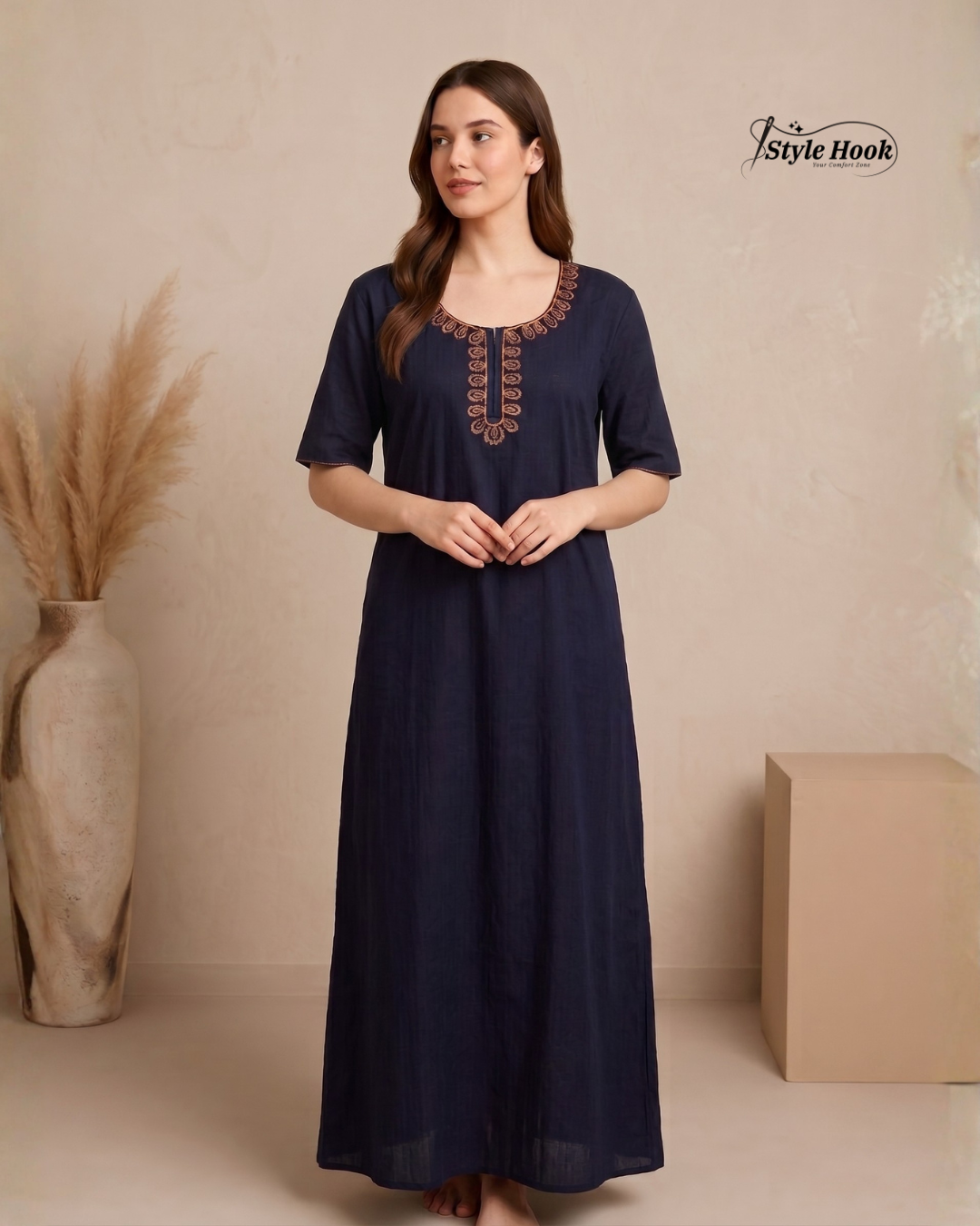 Style Hook Premium Soft Cotton Nighty with Elegant Embroidery