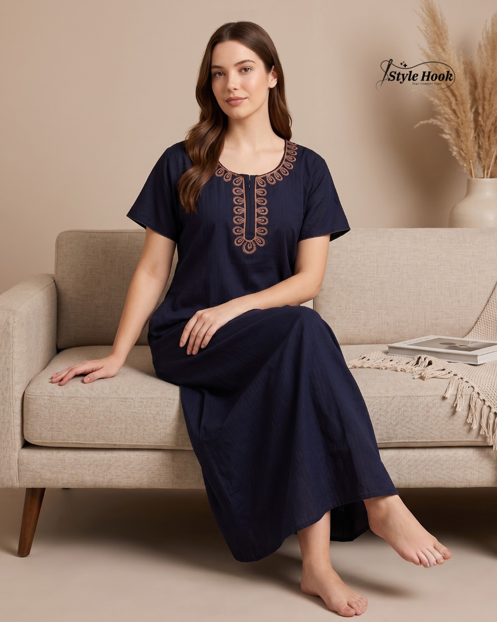 Style Hook Premium Soft Cotton Nighty with Elegant Embroidery