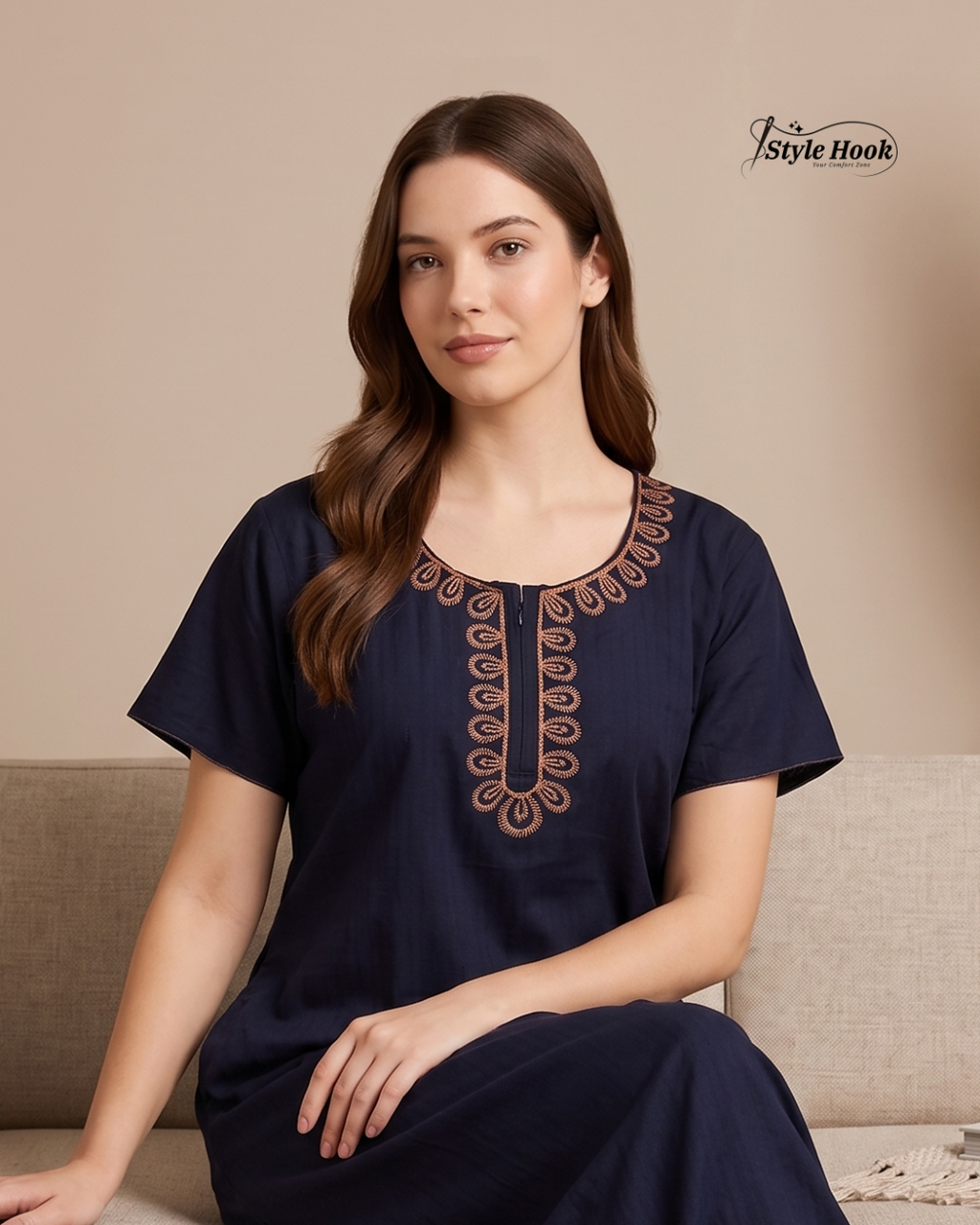 Style Hook Premium Soft Cotton Nighty with Elegant Embroidery
