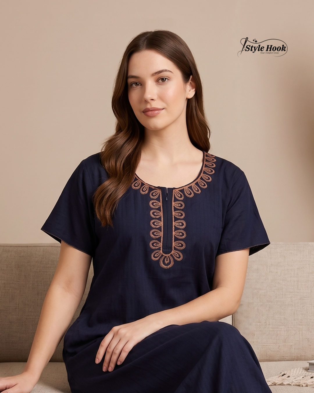 Style Hook Premium Soft Cotton Nighty with Elegant Embroidery