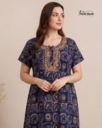 Tribal Circular Print with Embroidery cotton nighty for women in 5 Different Colors