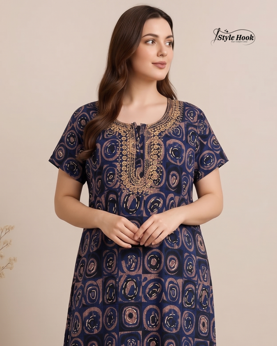 Tribal Circular Print with Embroidery cotton nighty for women in 5 Different Colors
