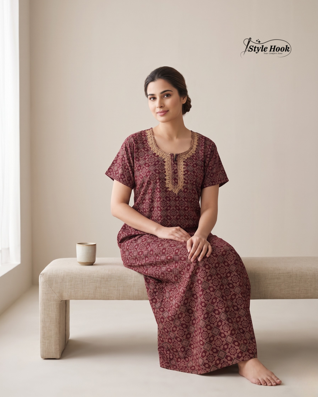 Style Hook Premium Cotton Embroidery Nighty for Women