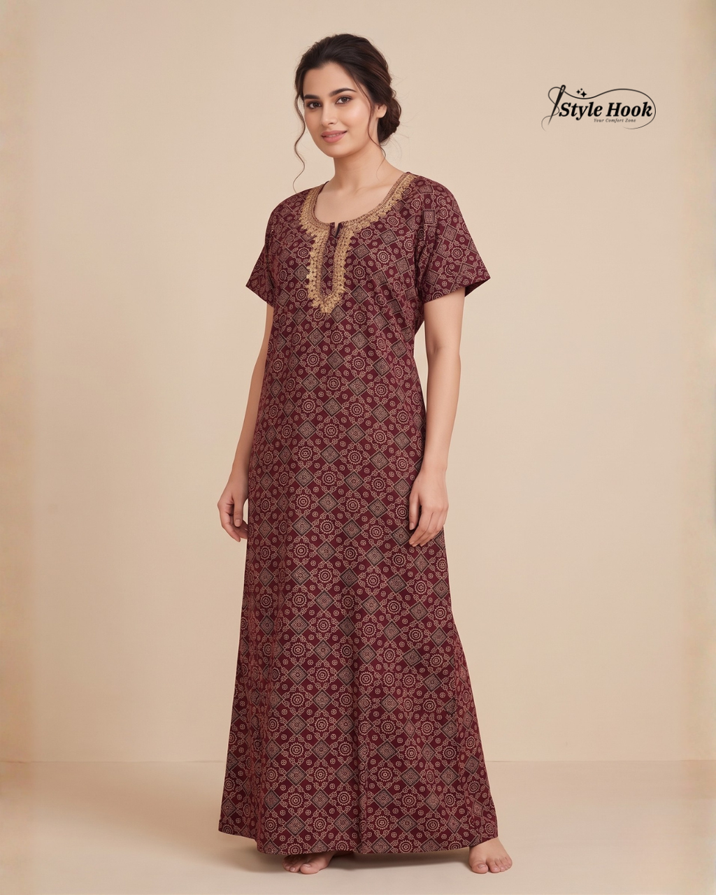 Style Hook Premium Cotton Embroidery Nighty for Women