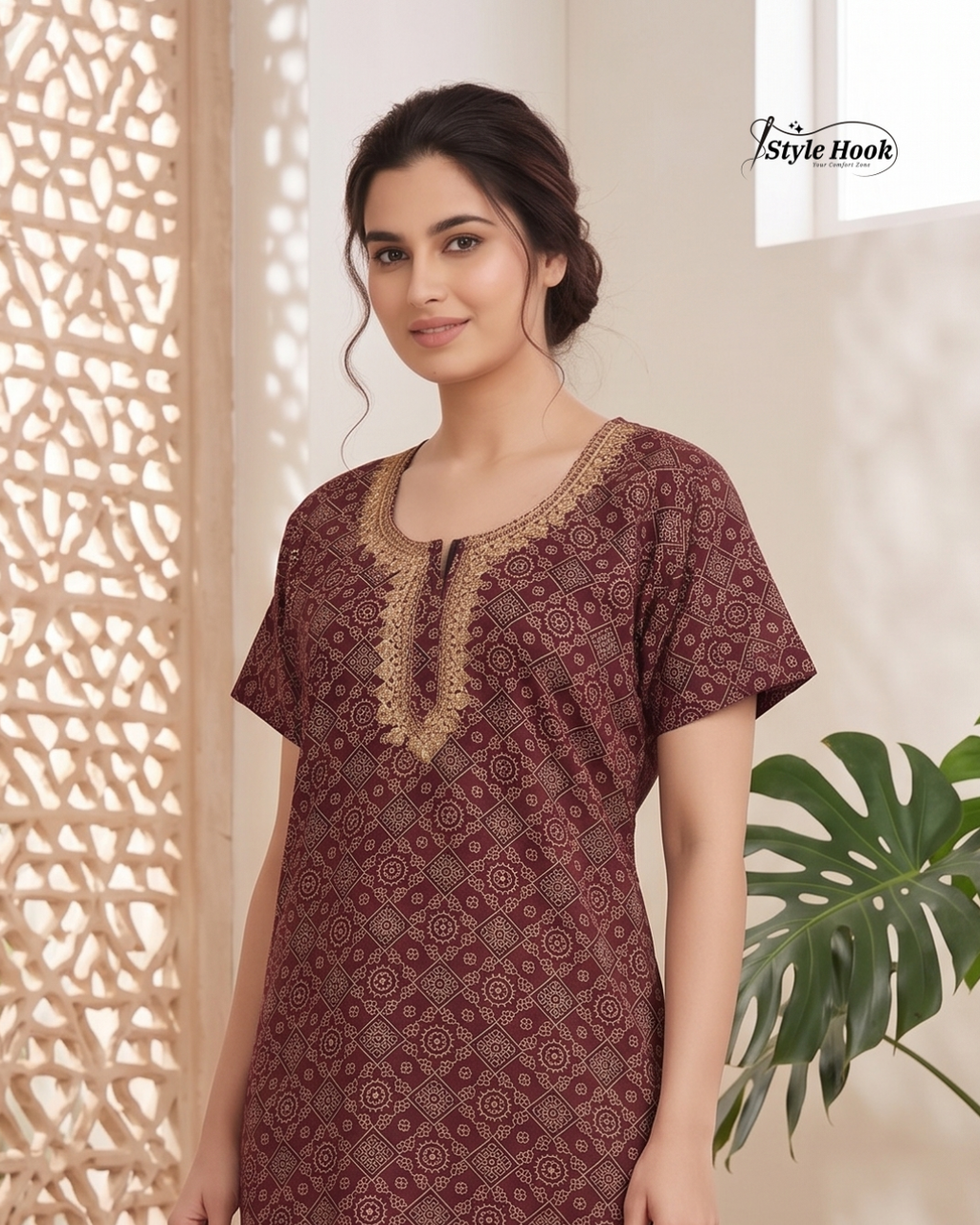 Style Hook Premium Cotton Embroidery Nighty for Women