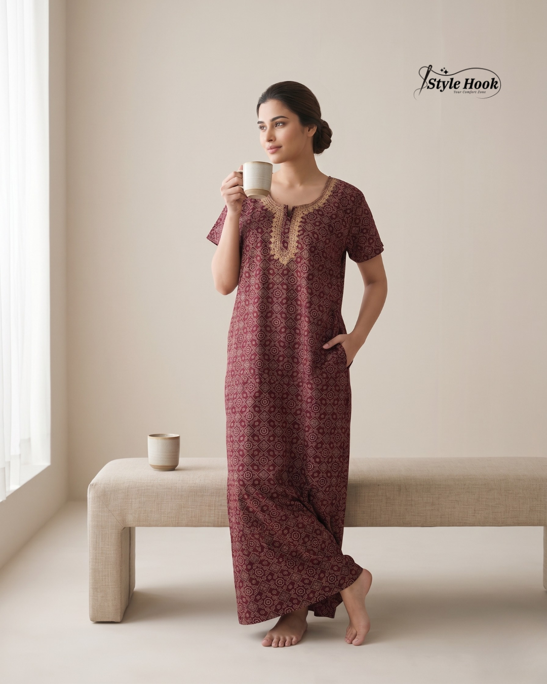 Style Hook Premium Cotton Embroidery Nighty for Women