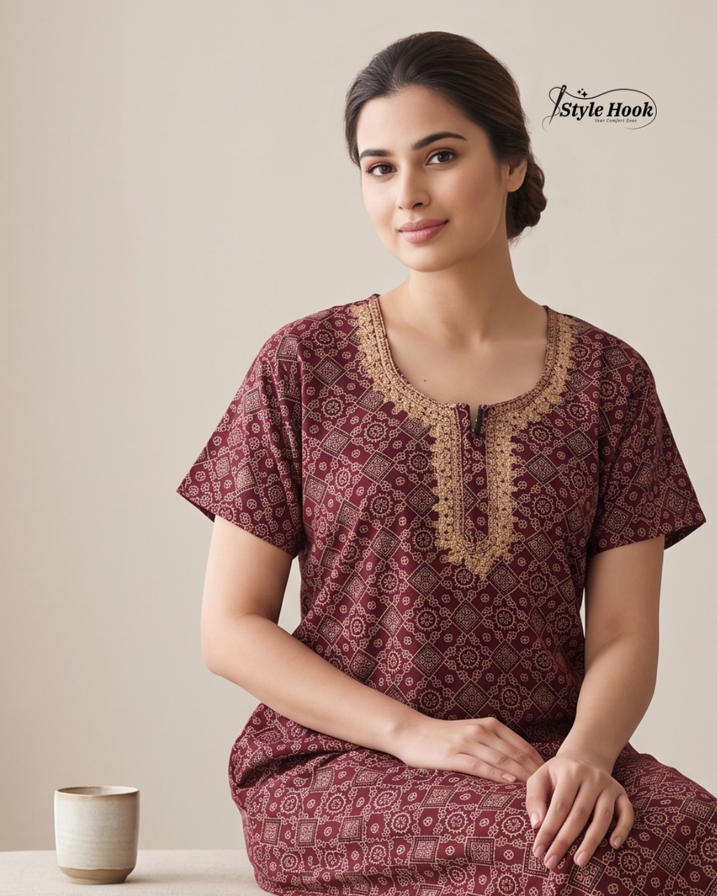 Style Hook Premium Cotton Embroidery Nighty for Women