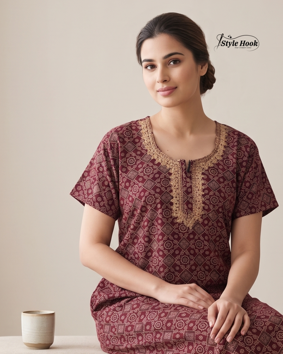 Style Hook Premium Cotton Embroidery Nighty for Women