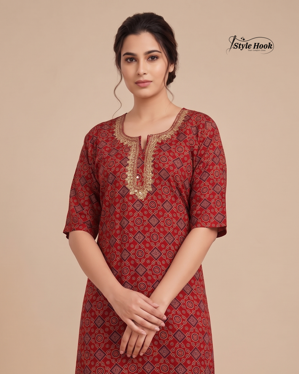 Style Hook Pure Cotton Embroidery Nighty for Ladies