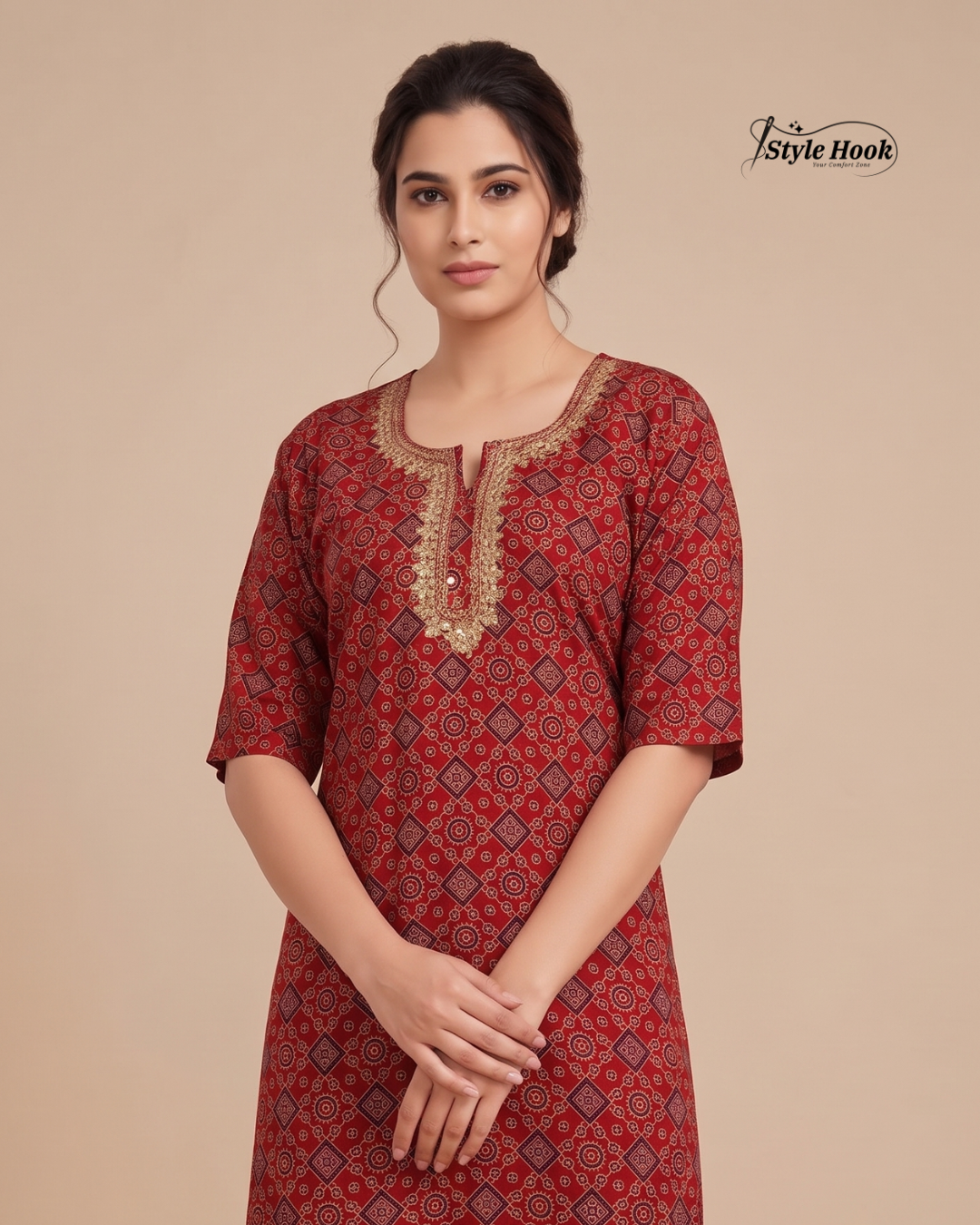 Style Hook Pure Cotton Embroidery Nighty for Ladies