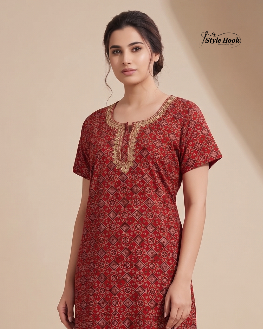 Style Hook Pure Cotton Embroidery Nighty for Ladies