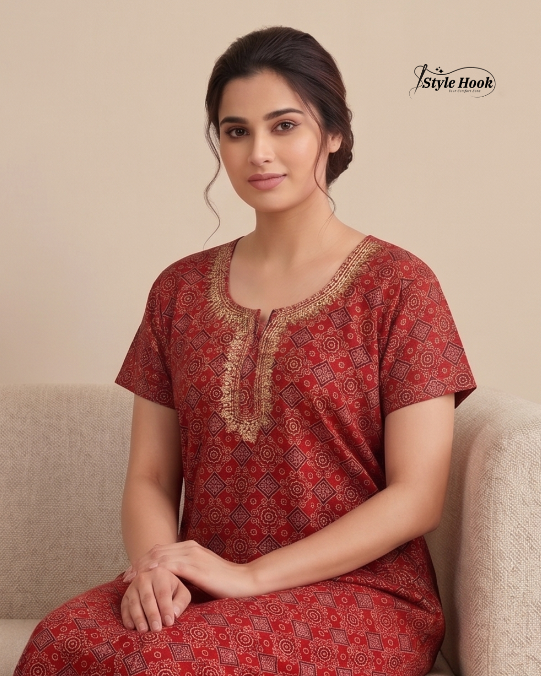 Style Hook Pure Cotton Embroidery Nighty for Ladies