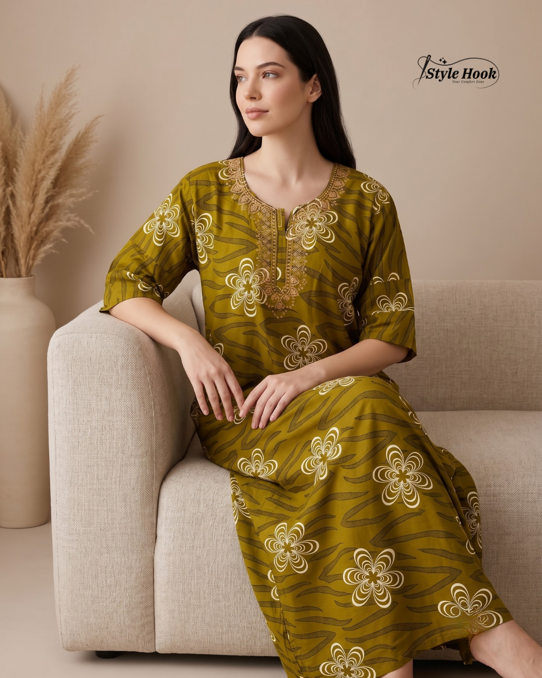 Soft Cotton Embroidery Nighty for Women
