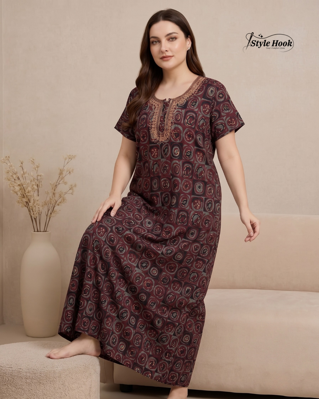 Tribal Circular Print with Embroidery cotton nighty for women in 5 Different Colors