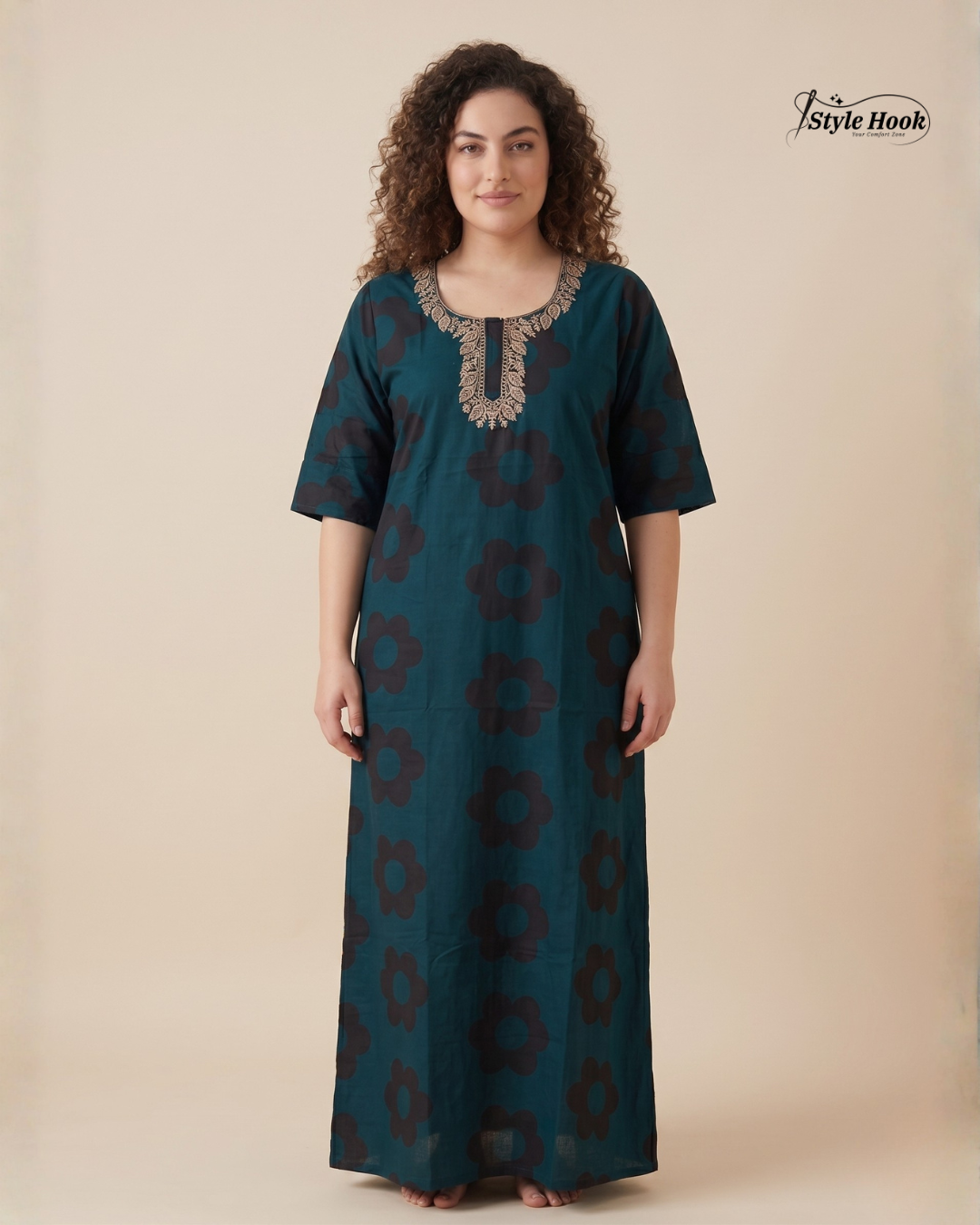 Style Hook Premium Cotton Nighty Maxi – Embroidery design Neck