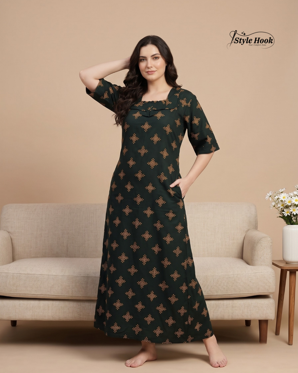 Classic Kerala Cotton Nighty with Contemporary Onam Neck Design in 4 different colors