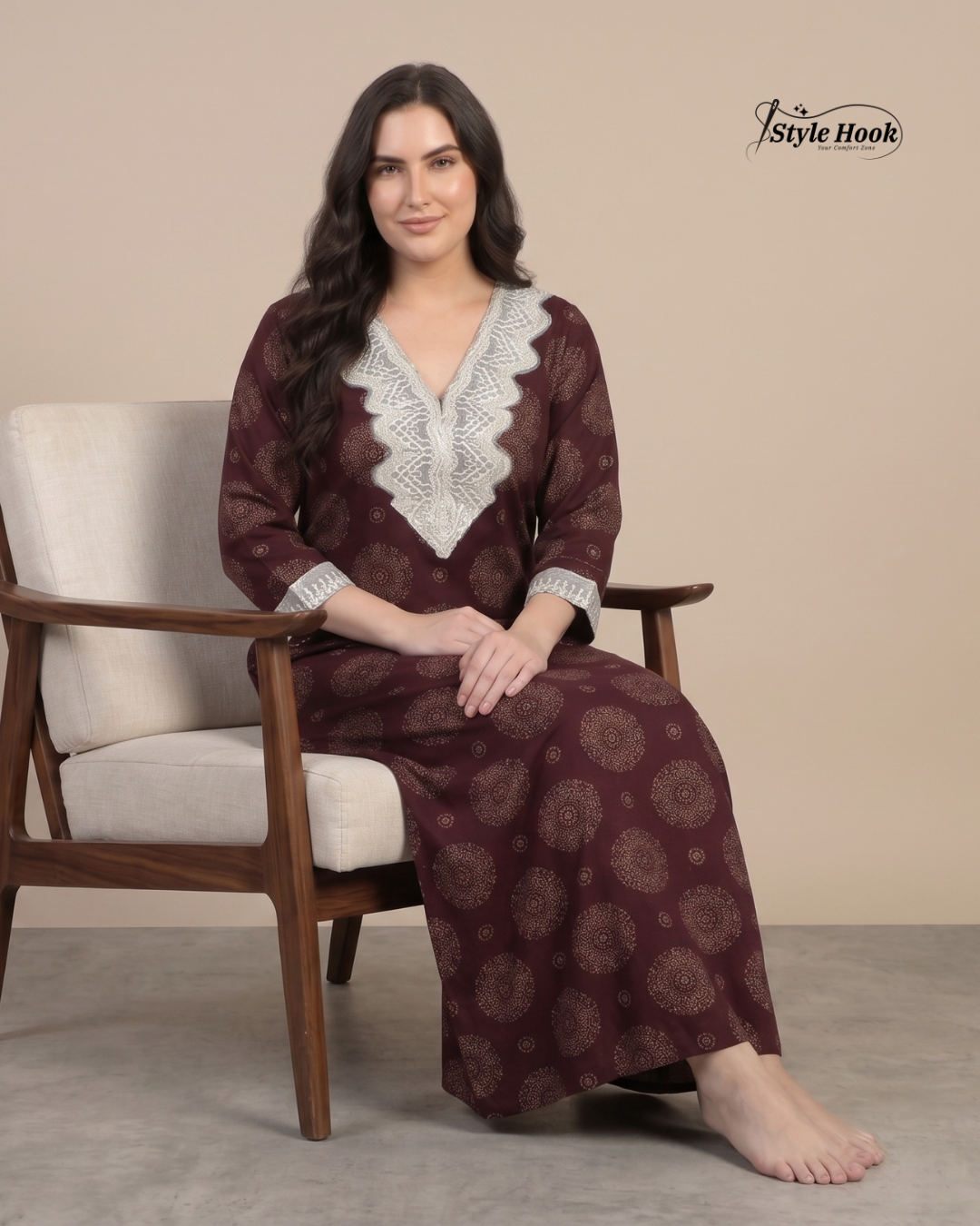 Style Hook Premium Cotton Lace Designer Nighty for Women