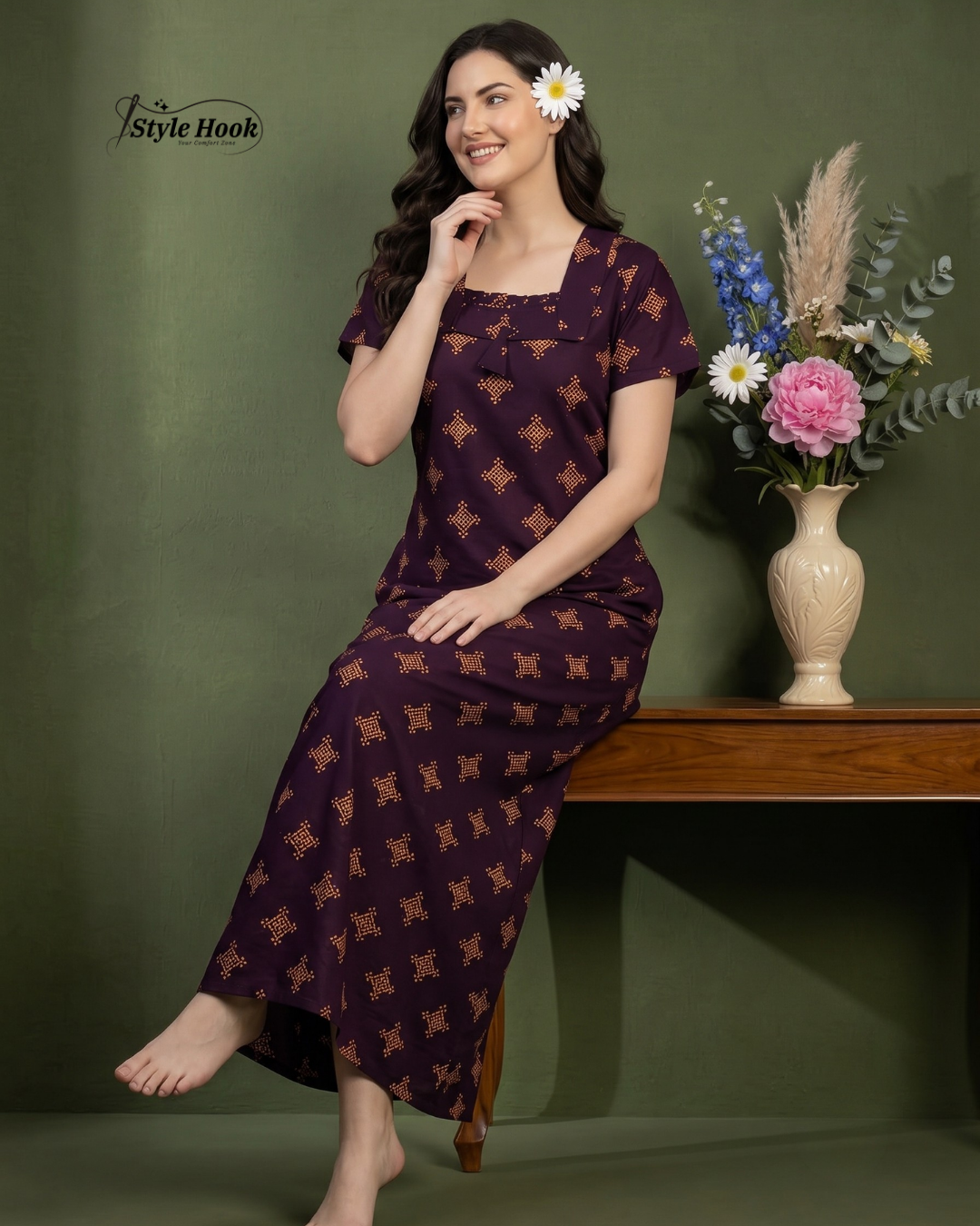 Classic Kerala Cotton Nighty with Contemporary Onam Neck Design in 4 different colors